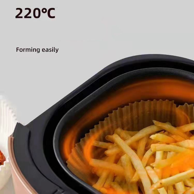 Frying basket with French fries inside, showing text about high temperature resistance and ease of formation.