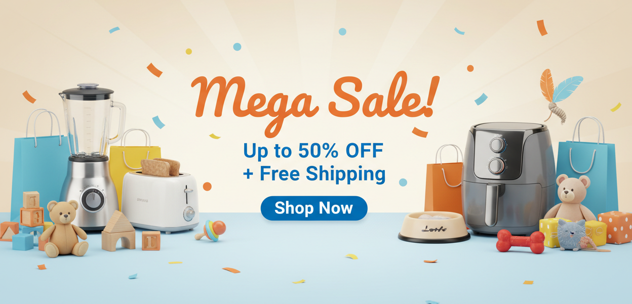 Promotional image with kitchen appliances and toys on a blue surface, featuring 'Mega Sale' text.
