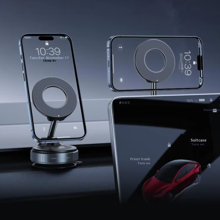 A magnetic wireless car phone mount shown in three views: a vertical phone on the left, a horizontal phone on the top right, and a laptop screen on the bottom right displaying a mockup of a suitcase. The mount itself is metallic silver with a black circular magnetic ring.
