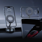 A magnetic wireless car phone mount shown in three views: a vertical phone on the left, a horizontal phone on the top right, and a laptop screen on the bottom right displaying a mockup of a suitcase. The mount itself is metallic silver with a black circular magnetic ring.